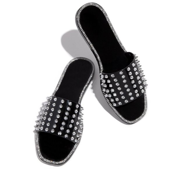 NEW🔥 Silver Spike Studded Rhinestone Trim Open Toe Slide Jelly Flat Sandals - Picture 3 of 5